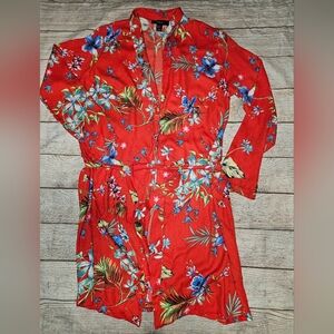 Forever 21 Red Tropical Floral Kimono Duster Swim Cover Up Robe